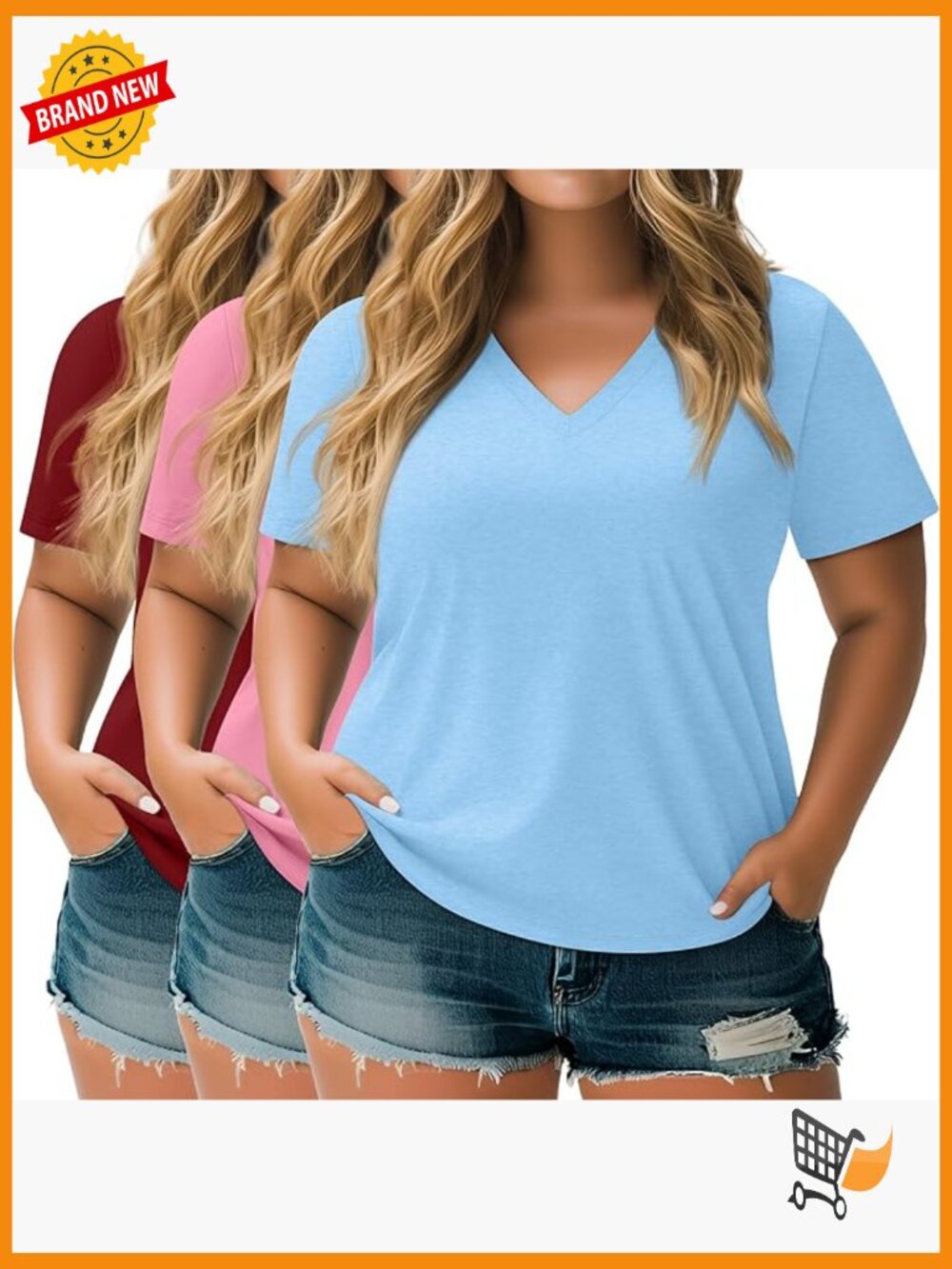 Plus Size 3 Pack V-Neck Short Sleeve T-Shirts Loose Fit Tees